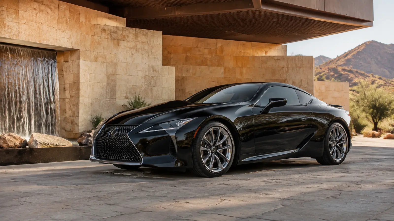 АВТО 1001755 чёрный Lexus LC 500 у отеля в пустыне