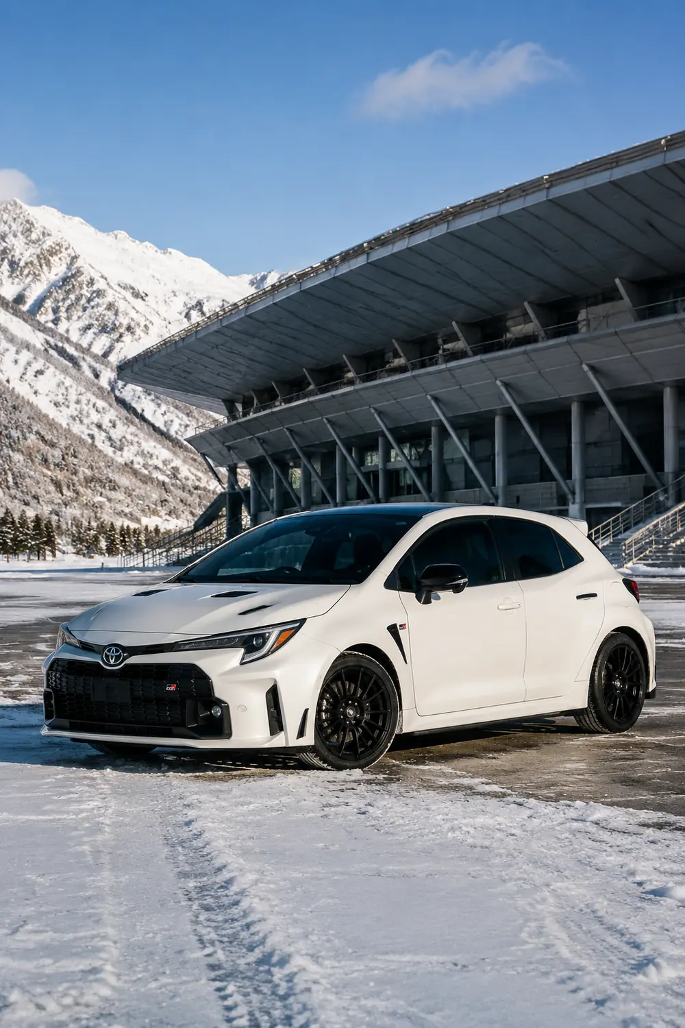 АВТО 1003807 белая Toyota GR Corolla у зимнего стадиона