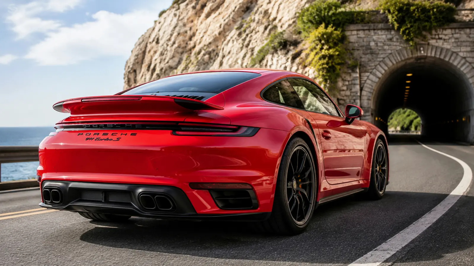 АВТО 1002794 красный Porsche 911 Turbo S крупно у светлого прибрежного тоннеля