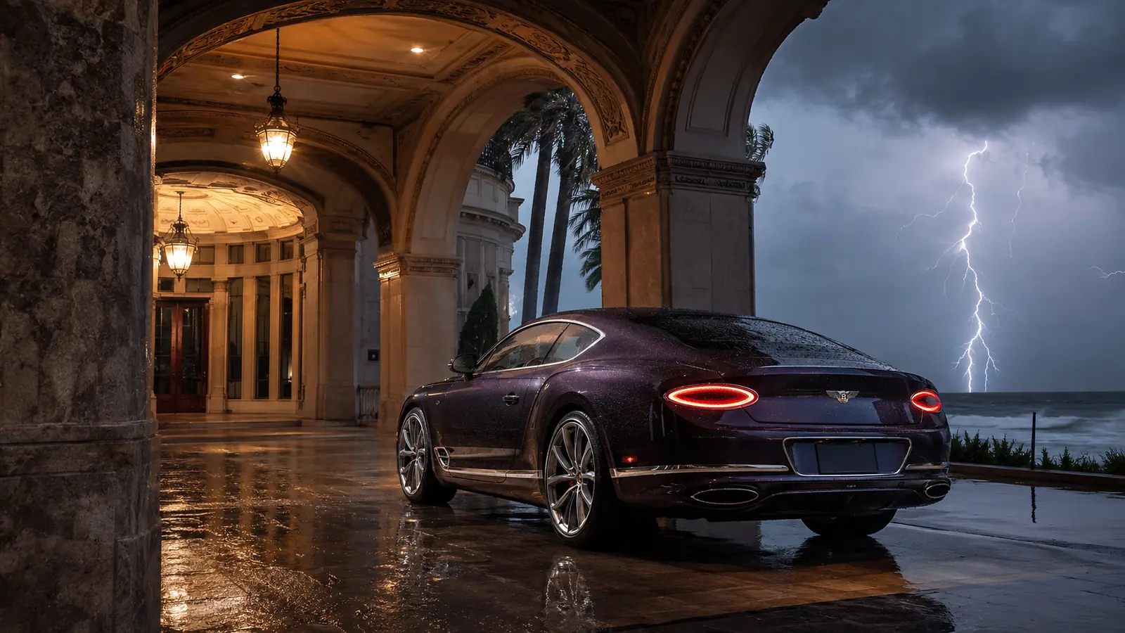 АВТО 1003405 фиолетовый Bentley Continental GT у отеля в грозу