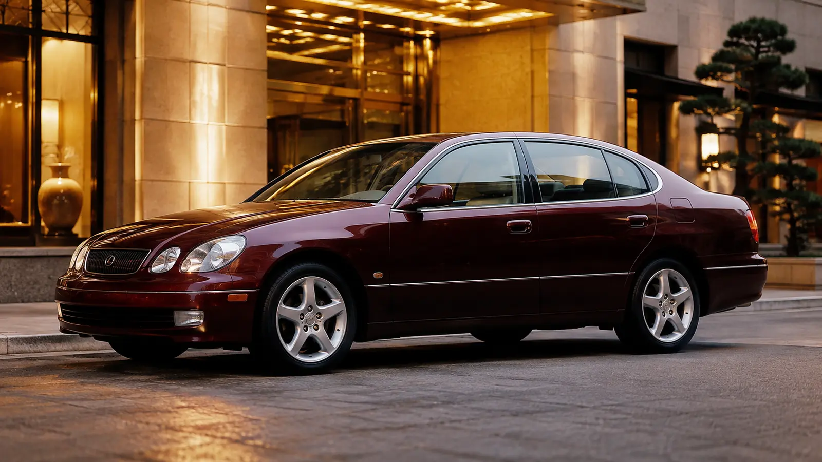 АВТО 1000991 бордовый Lexus GS у токийского отеля 2000-х