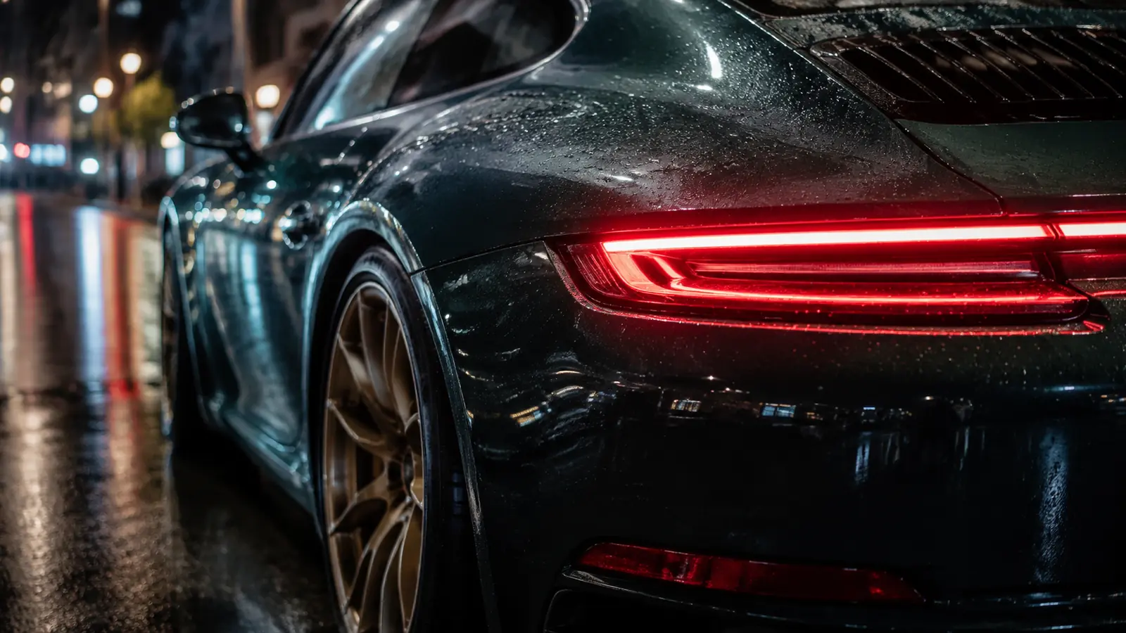 АВТО 1002029 крупный план задних фонарей Porsche 911 после дождя