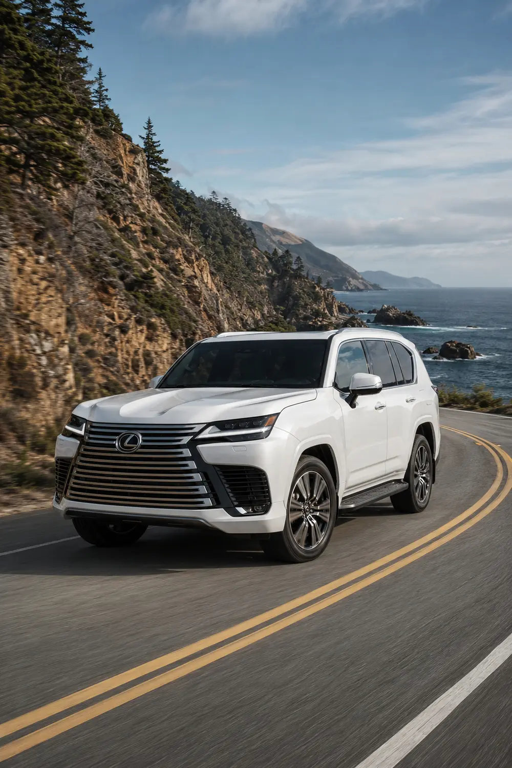 АВТО 1003856 белый Lexus LX 600 на дороге вдоль океанских скал