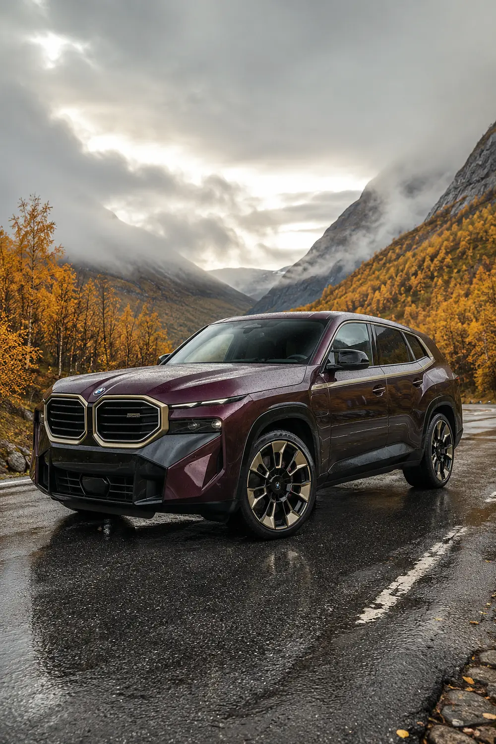 АВТО 1003657 бордовый BMW XM Label на осеннем перевале