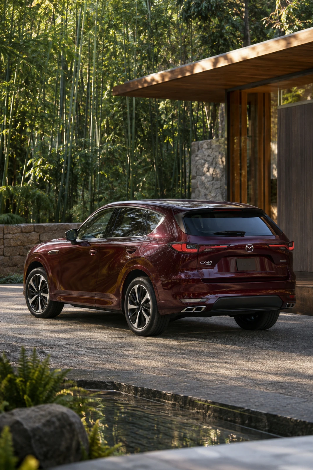 АВТО 1007591 бордовая Mazda CX60 у бамбуковой архитектуры