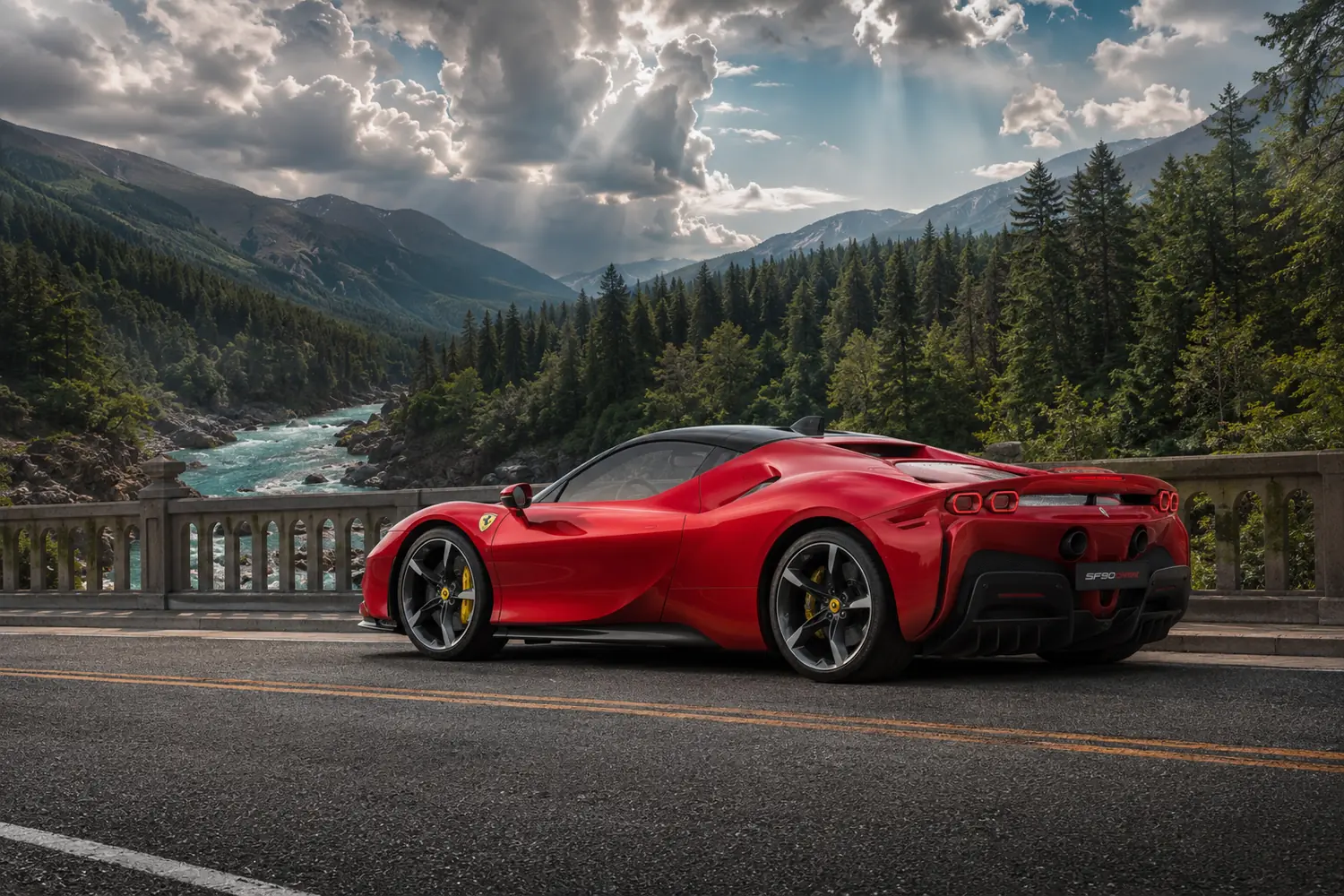АВТО 1003833 красная LaFerrari на мосту над лесной рекой
