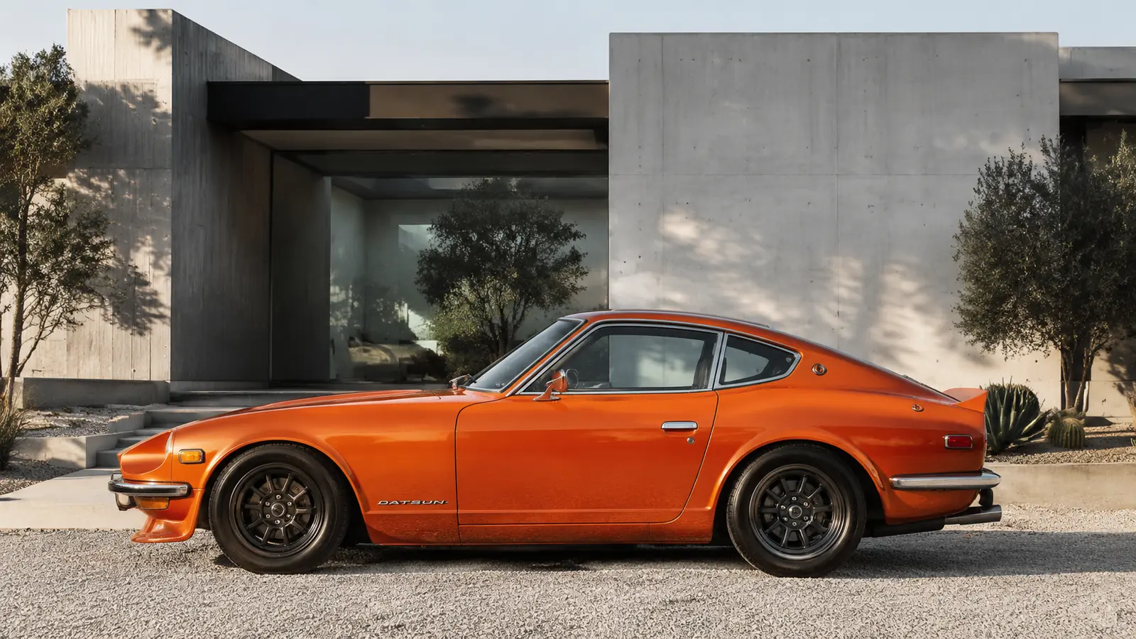 АВТО 1002296 оранжевый Datsun 240Z крупно у бетонной виллы