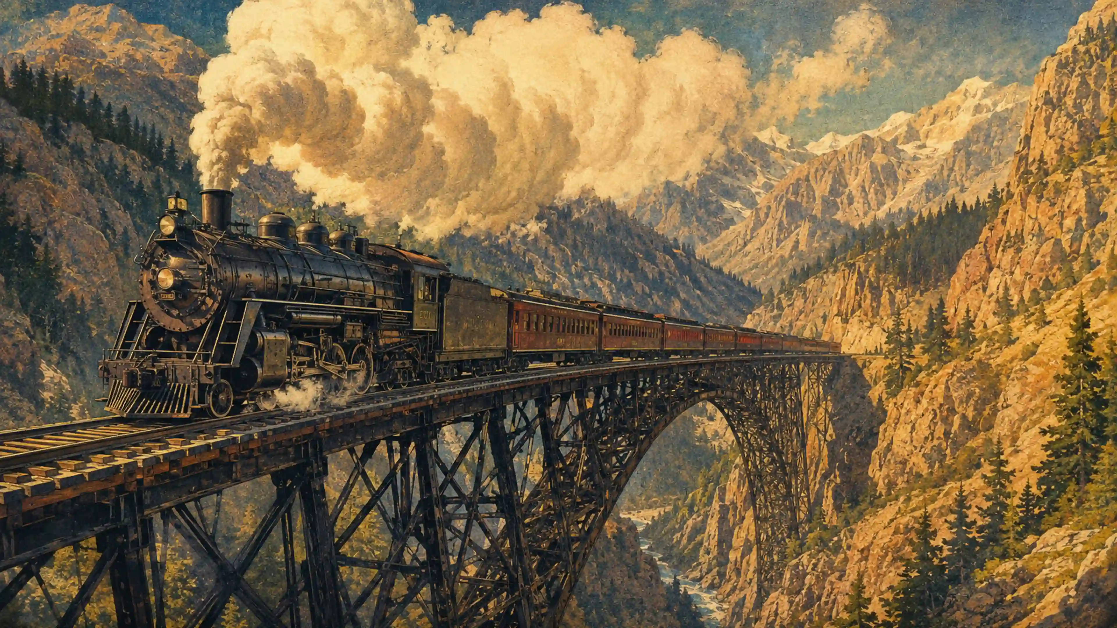 МИКС 000020 паровоз на горном мосту винтажная литография