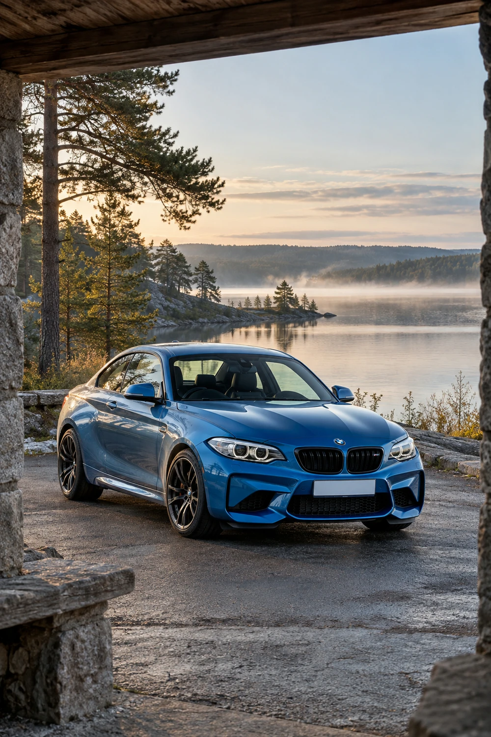 АВТО 1007347 BMW M2 F87 синий озеро среди сосен