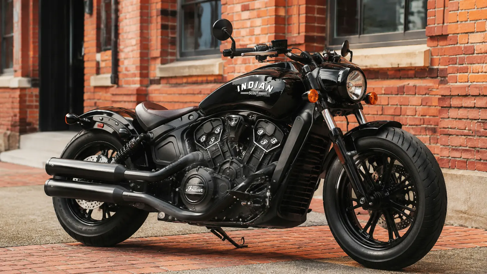 АВТО 1003052 чёрный Indian Scout Bobber крупно у кирпичной архитектуры