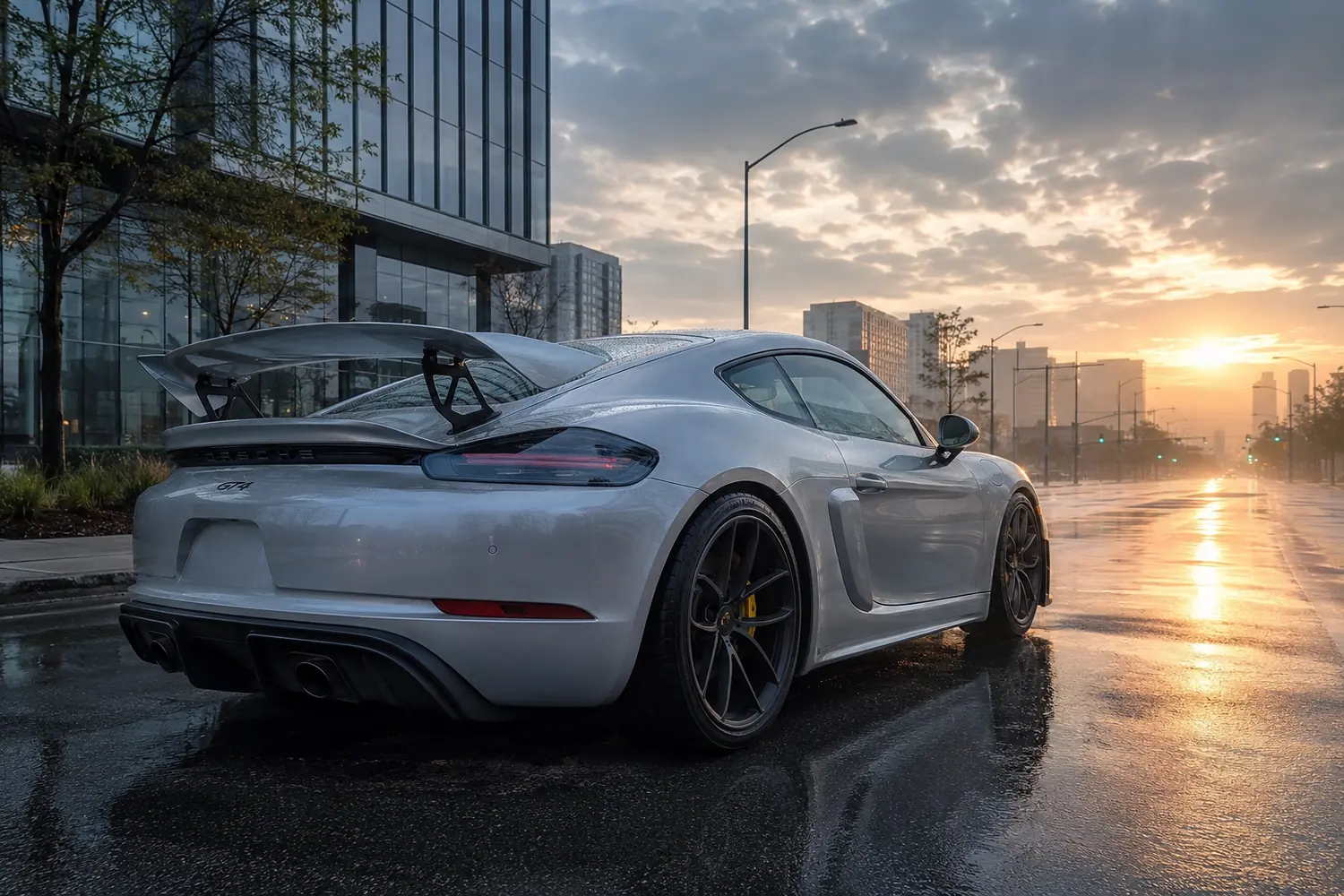 АВТО 1003813 серебристый Porsche 718 Cayman GT4 в Чикаго на рассвете