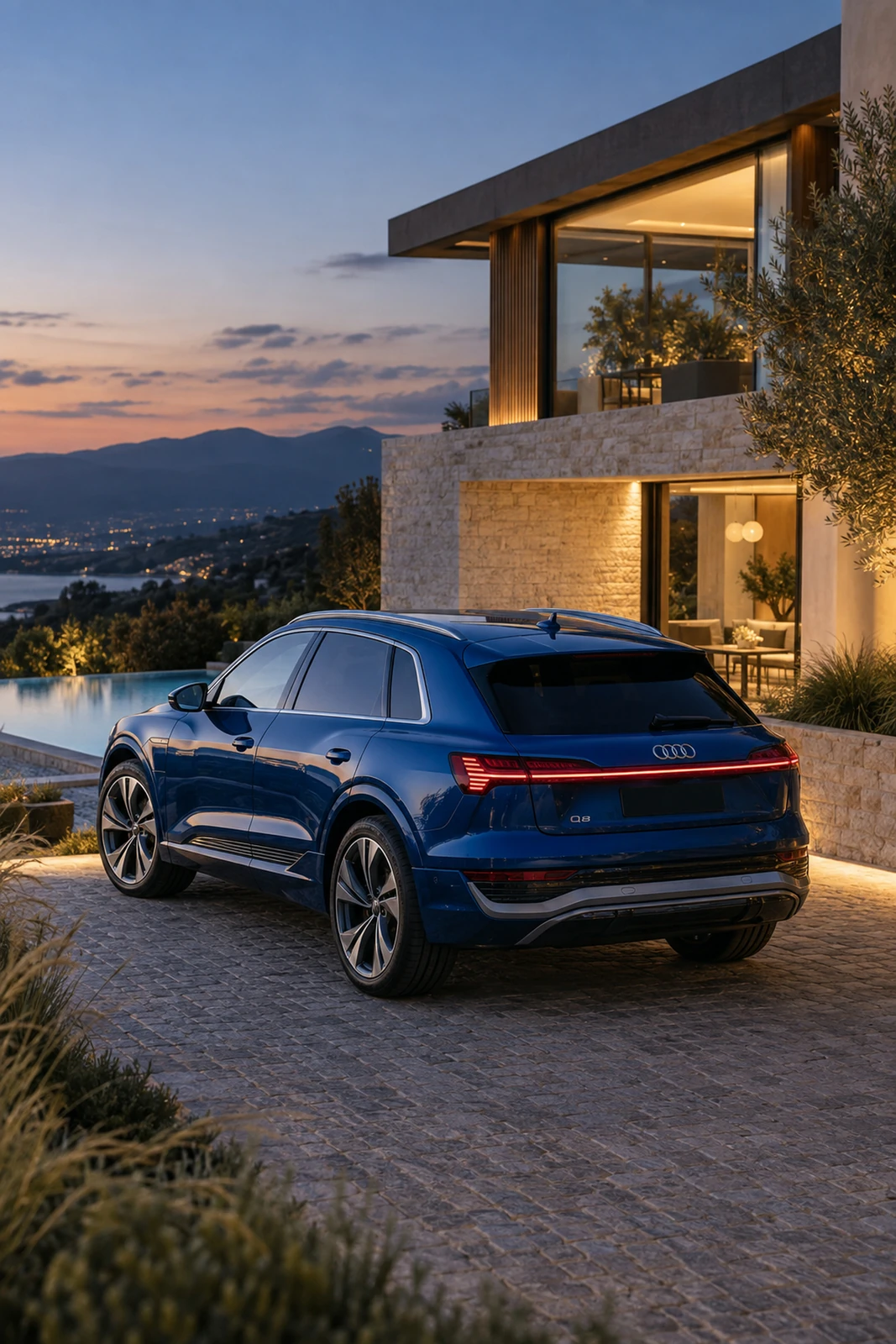 АВТО 1007655 синий Audi Q8 e-tron у горной виллы