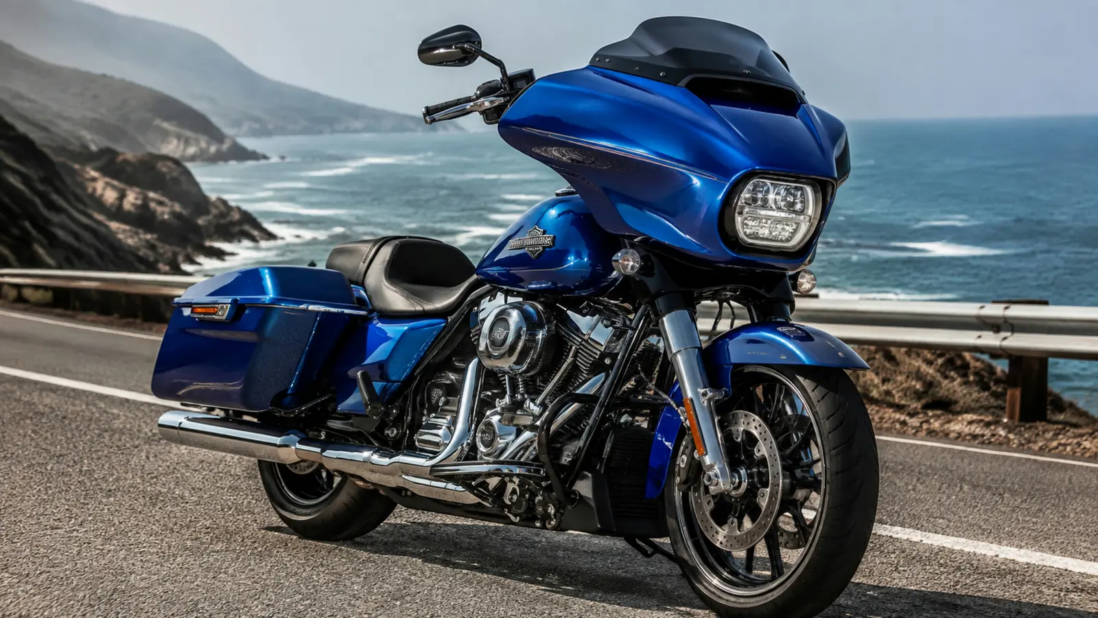 АВТО 1003068 синий Harley-Davidson Street Glide крупно на шоссе у океана