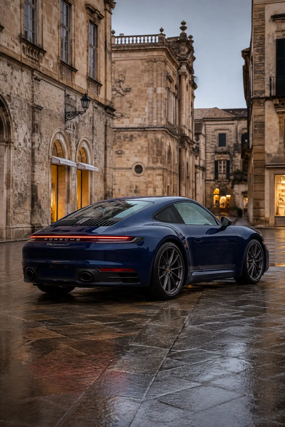 АВТО 1003793 синий Porsche 911 Carrera T на дождливой улице