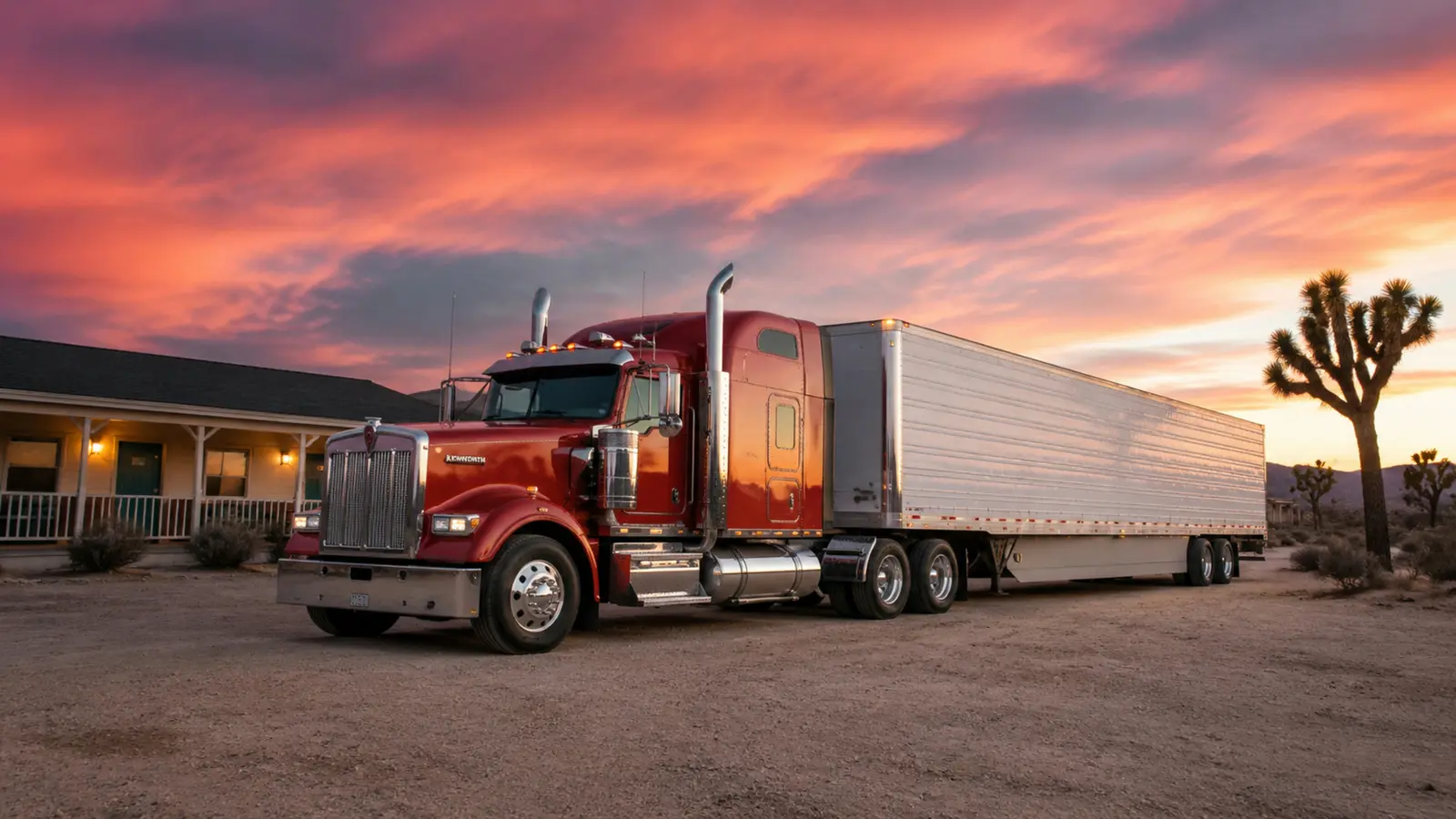 АВТО 1003064 красный Kenworth W990 целиком крупно у пустынного мотеля