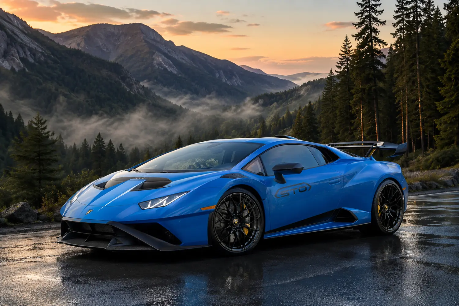 АВТО 1003772 синий Lamborghini Huracan STO в сосновой долине с туманом