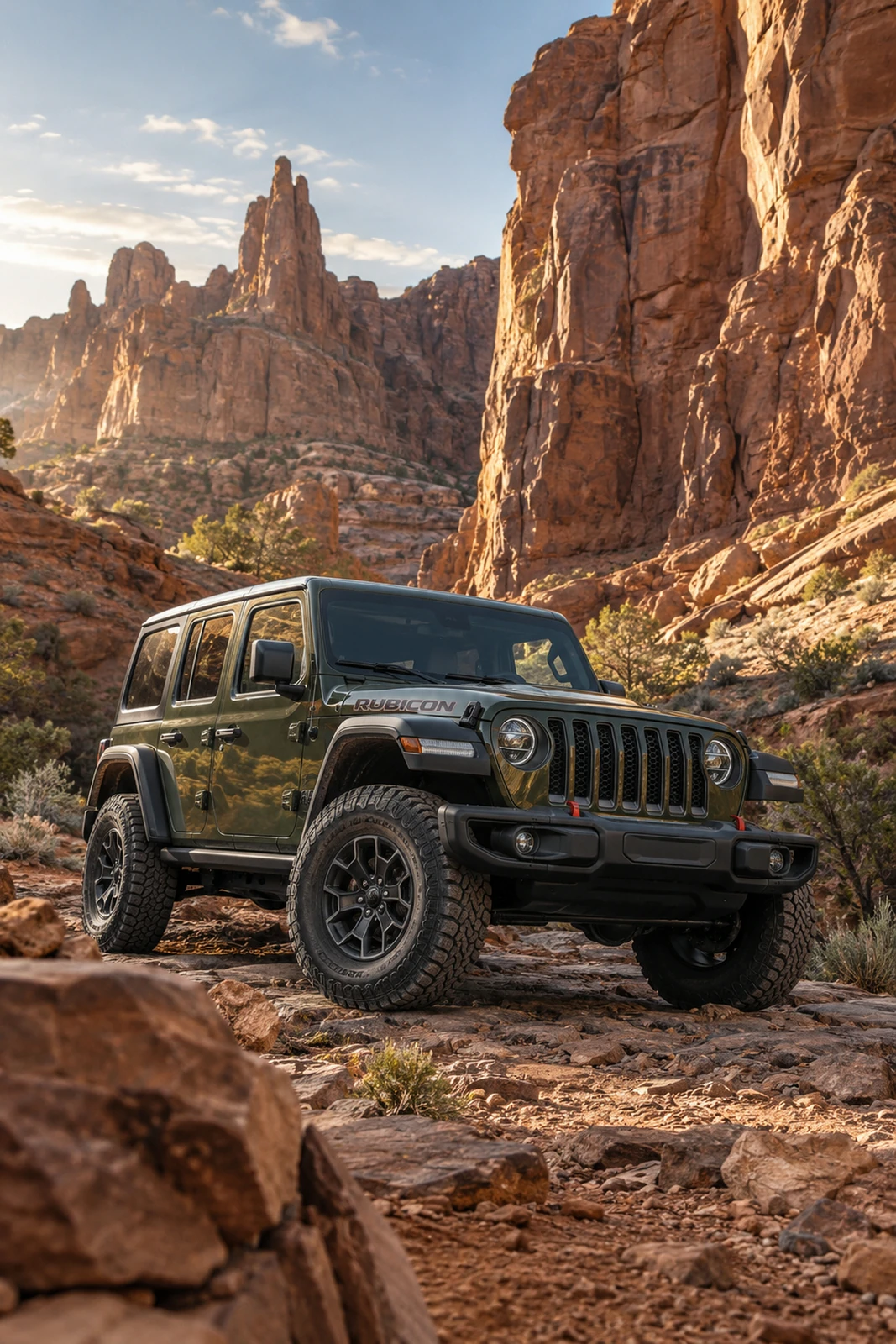 АВТО 1007507 зелёный Jeep Wrangler Rubicon среди красных скал