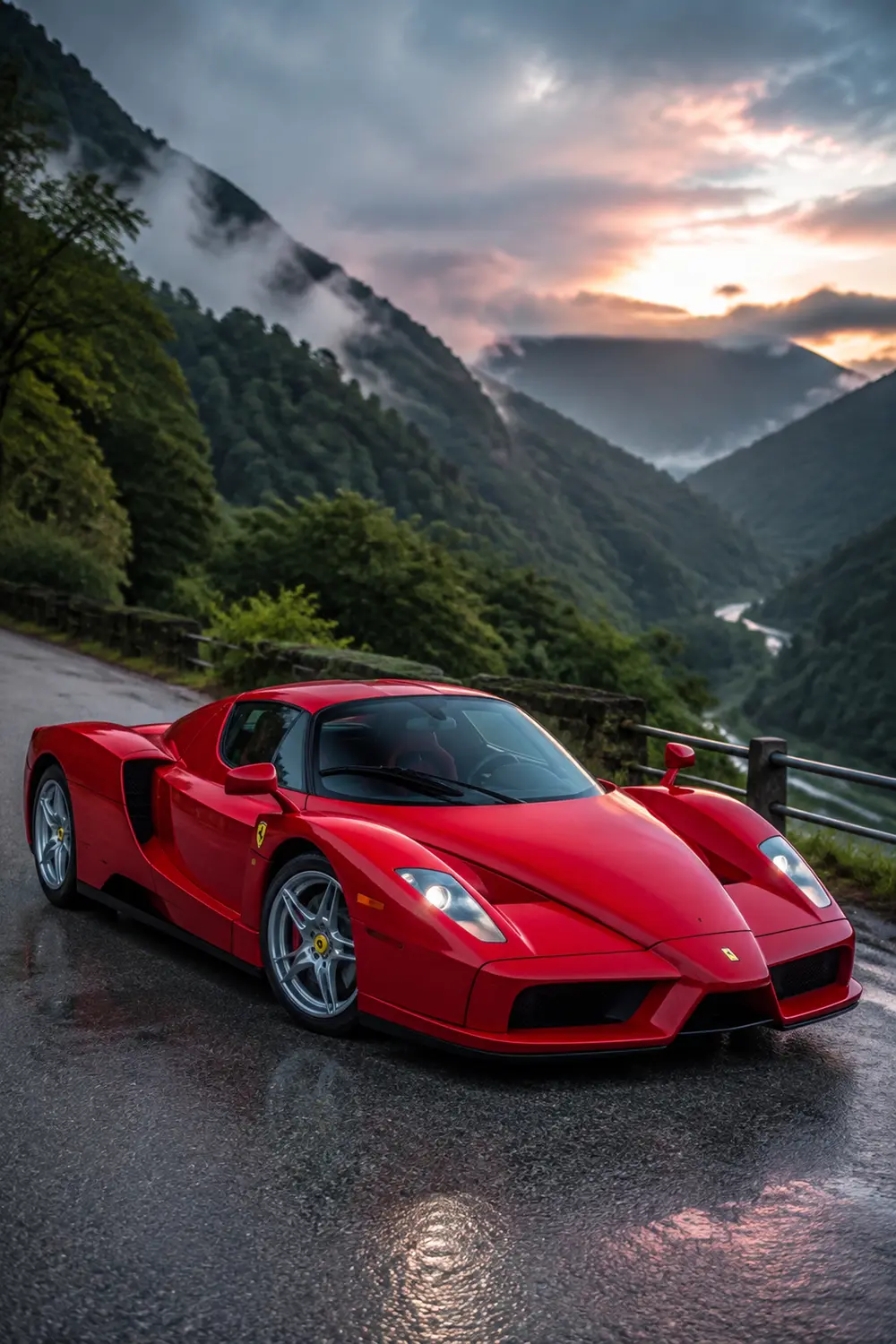 АВТО 1003848 красный Ferrari Enzo в зелёной долине с лучами