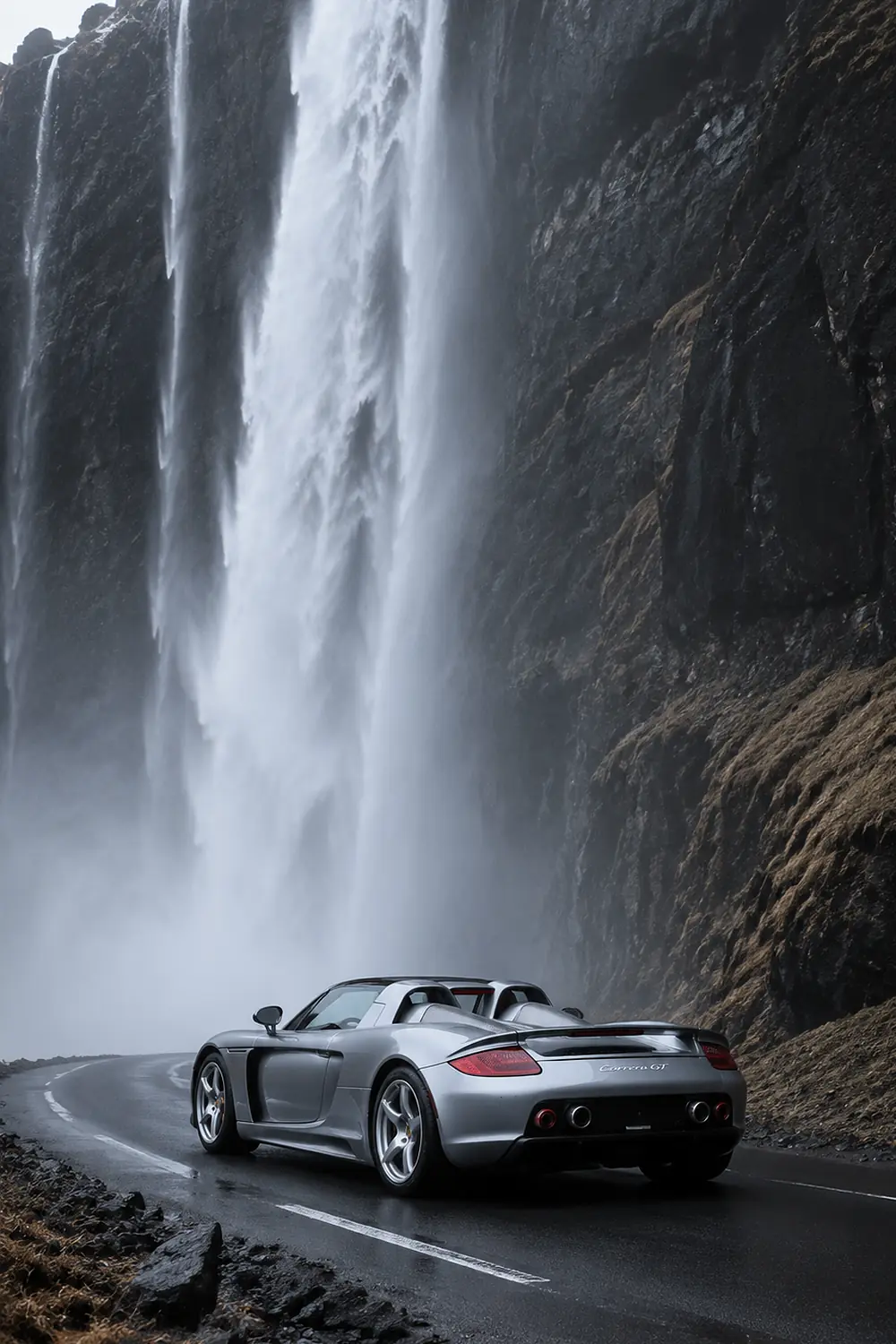 АВТО 1003439 серебристый Porsche Carrera GT у водопада