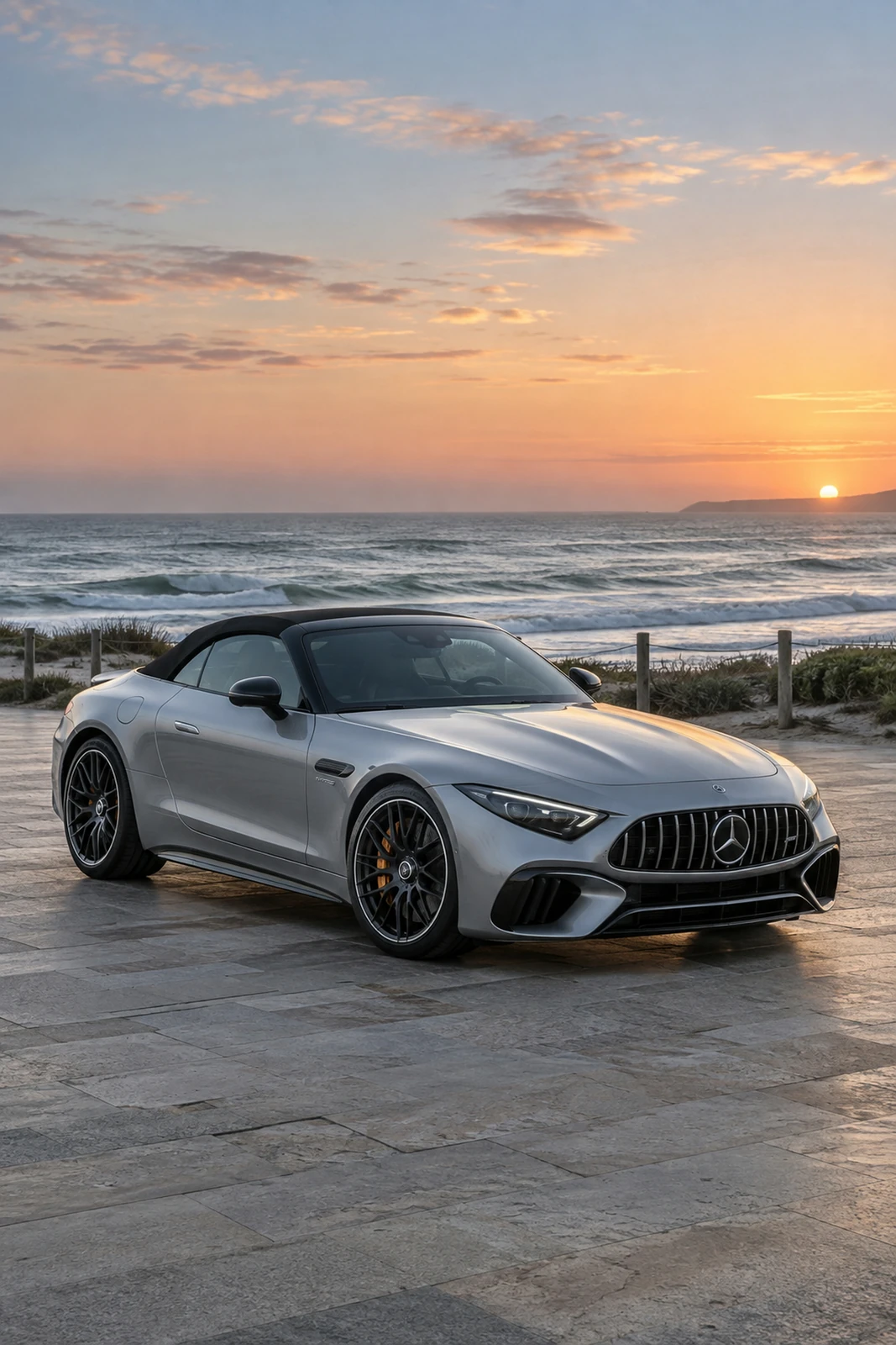 АВТО 1007559 серебристый Mercedes AMG SL63 у океана