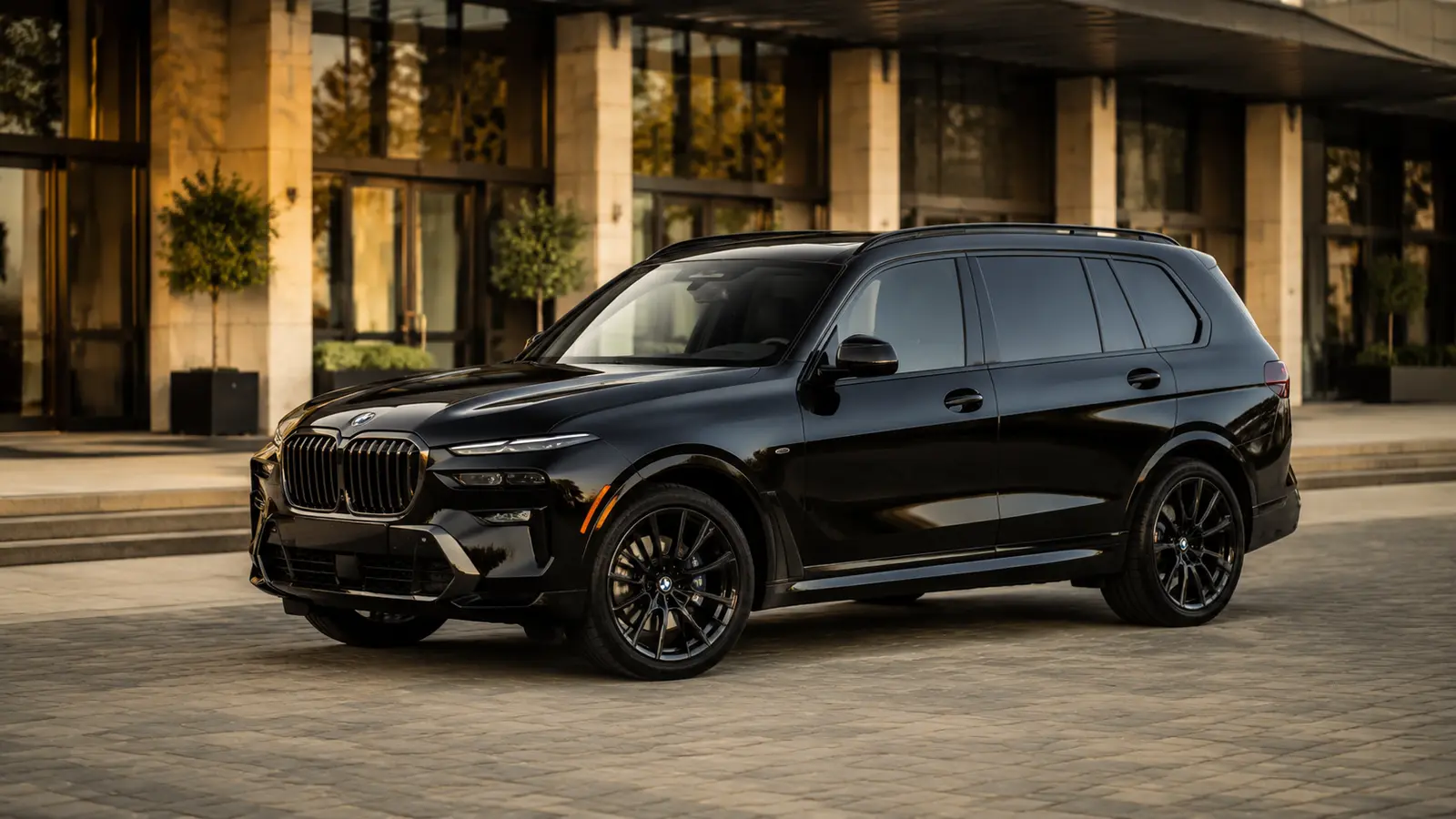 АВТО 1001169 чёрный BMW X7 у современной гостиницы