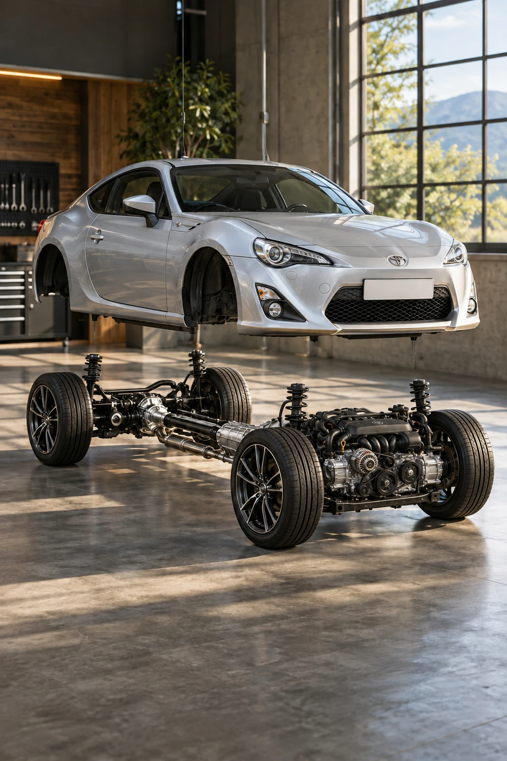 АВТО 1007274 Toyota GT86 серебристый кузов над механикой