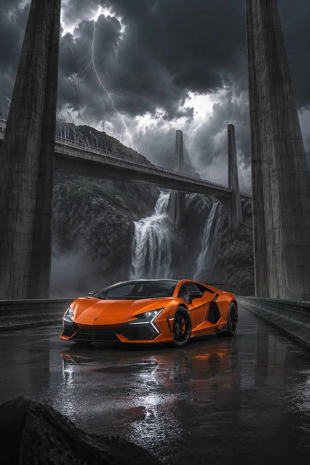 АВТО 1003443 оранжевый Lamborghini на мосту под грозой