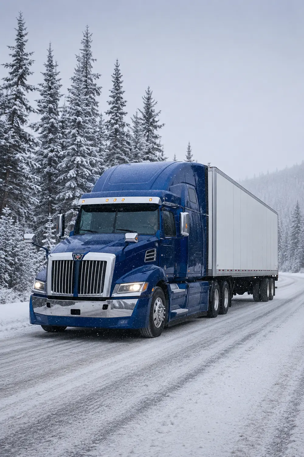 АВТО 1003800 синий Western Star 5700XE с полуприцепом на зимнем шоссе