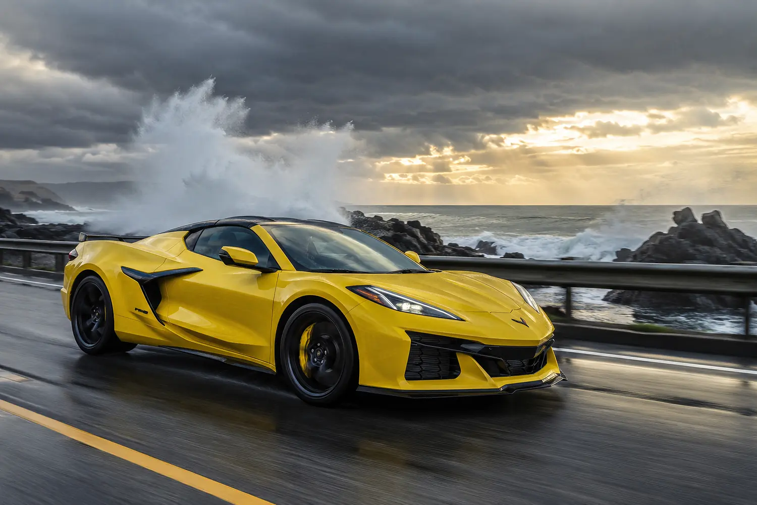 АВТО 1003483 жёлтый Chevrolet Corvette Z06 на штормовом берегу