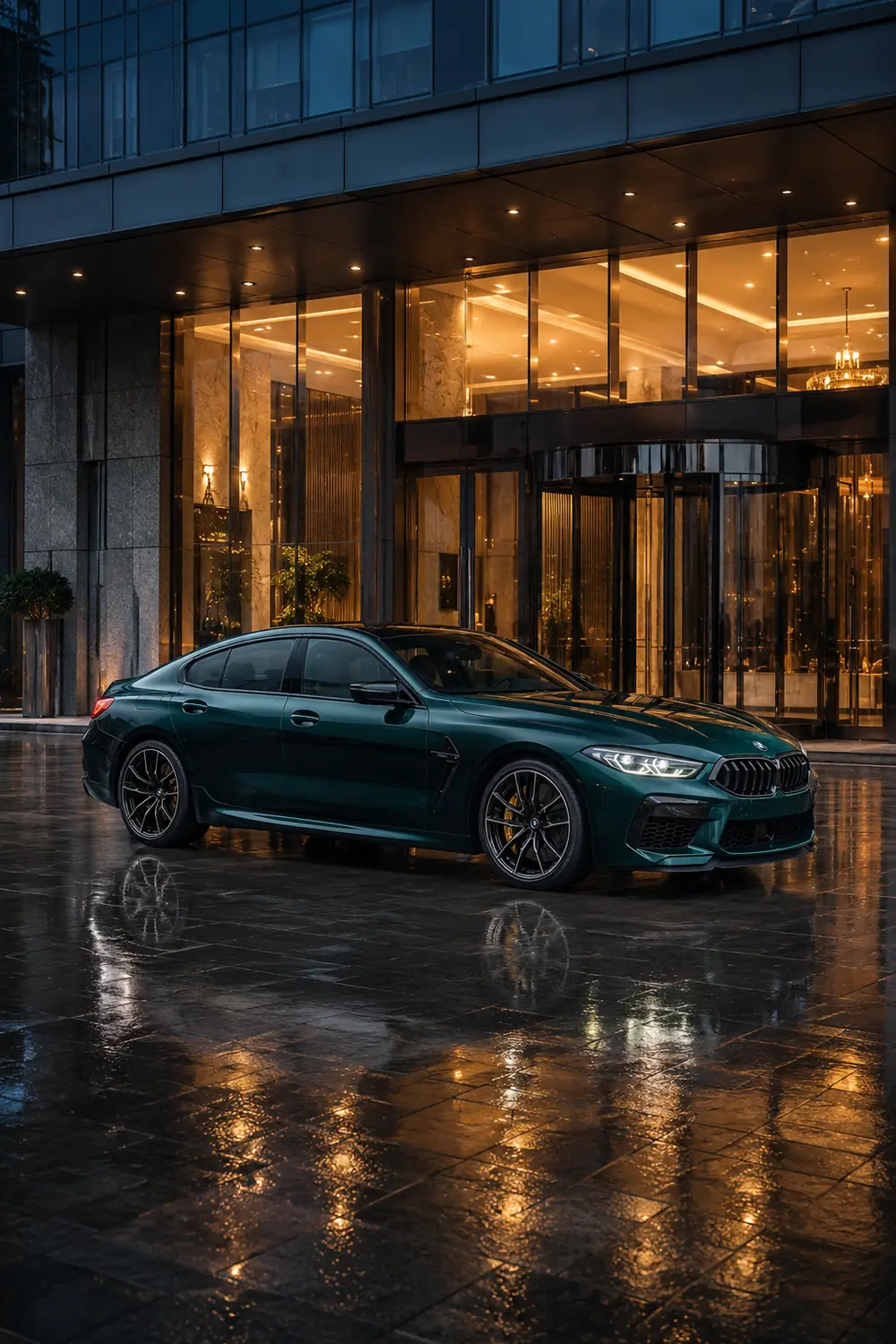 АВТО 1003787 зелёный BMW M8 Gran Coupe у отеля после дождя