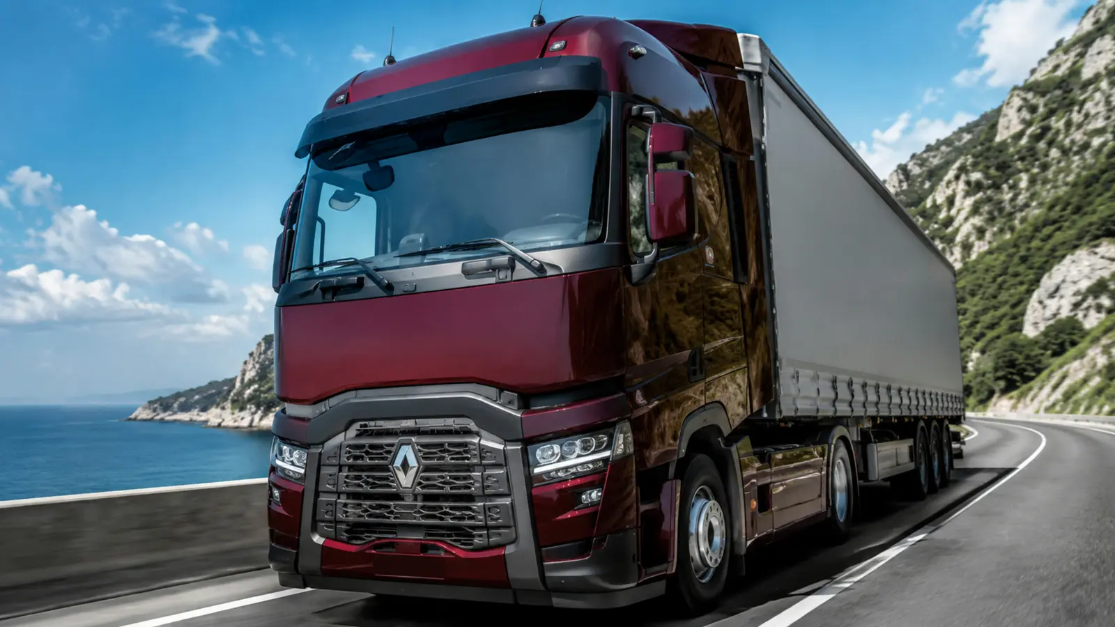 АВТО 1003056 бордовый Renault T High крупно на дороге вдоль побережья