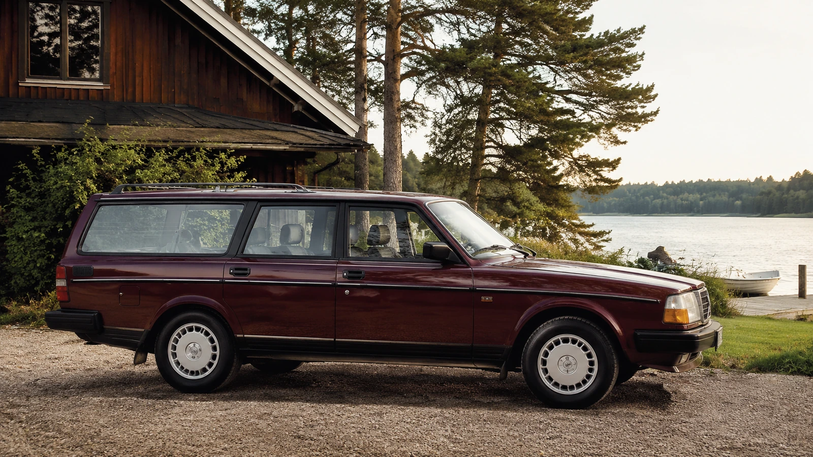 АВТО 1000748 бордовый Volvo 240 у скандинавского дома в стиле 80-х