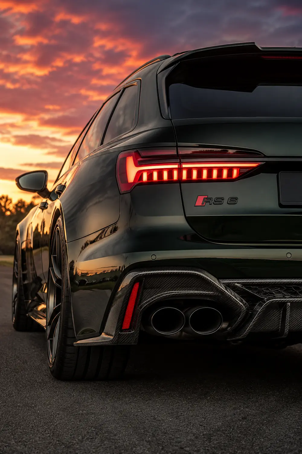 АВТО 1003854 прокаченный зелёный Audi RS6 крупно сзади на закате