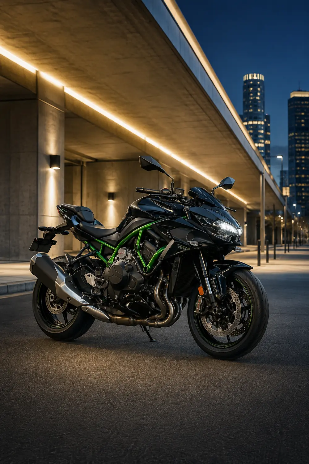 АВТО 1003761 чёрный Kawasaki Z H2 под городской эстакадой