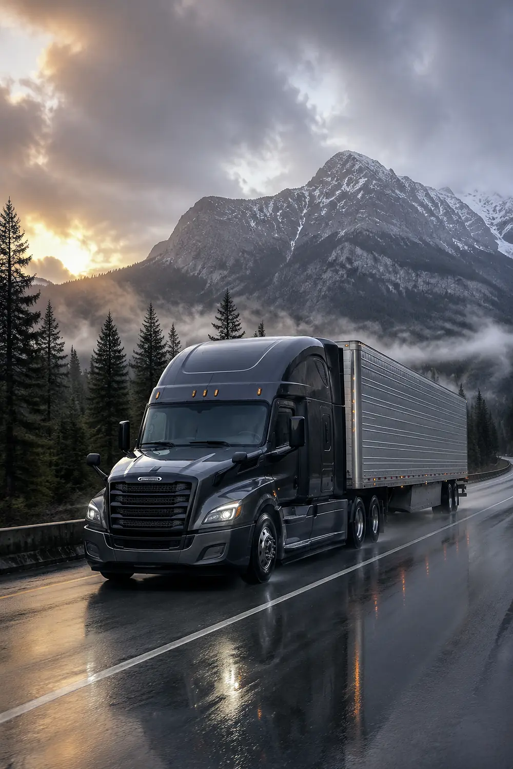 АВТО 1003601 графитовый Freightliner Cascadia с полуприцепом в горах