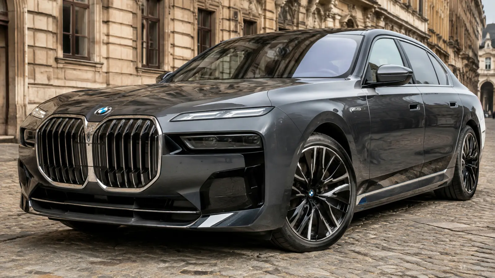 АВТО 1002945 графитовый BMW i7 очень крупно передний боковой ракурс в старом европейском городе