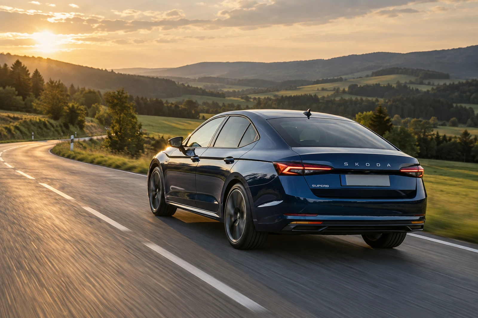 АВТО 1007596 синий Skoda Superb Sportline среди холмов