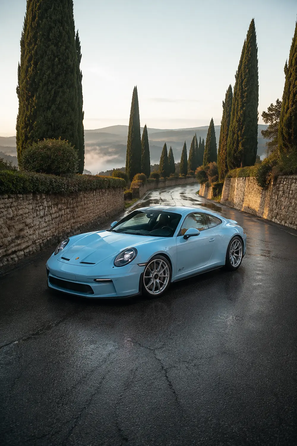 АВТО 1003692 голубой Porsche 911 S-T на тосканской дороге