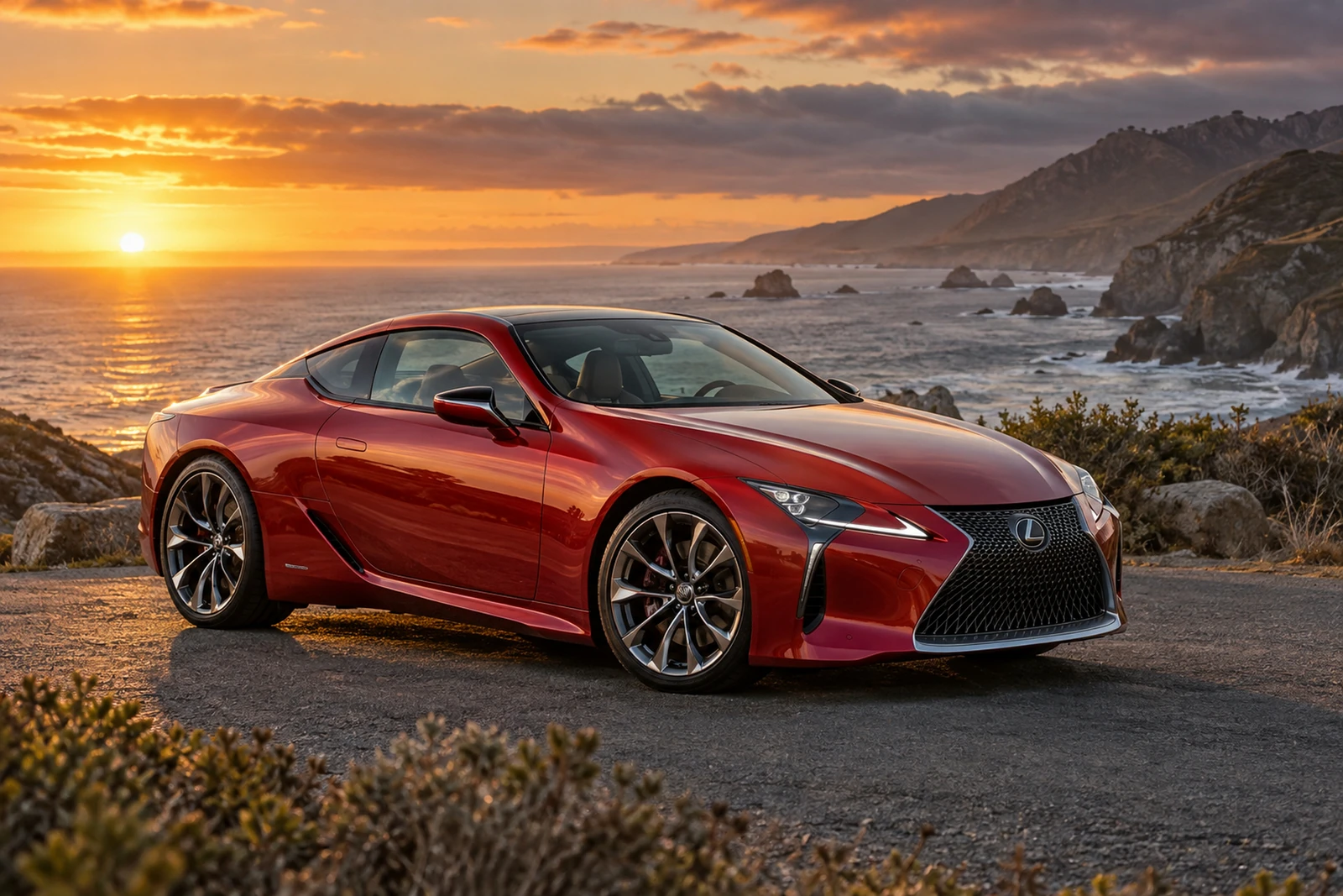 АВТО 1007486 красный Lexus LC500 у океана на закате