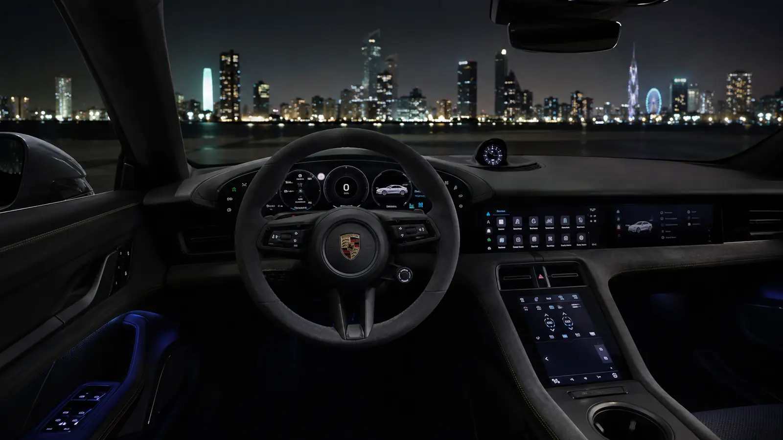 АВТО 1002651 салон Porsche Taycan с видом на ночной город