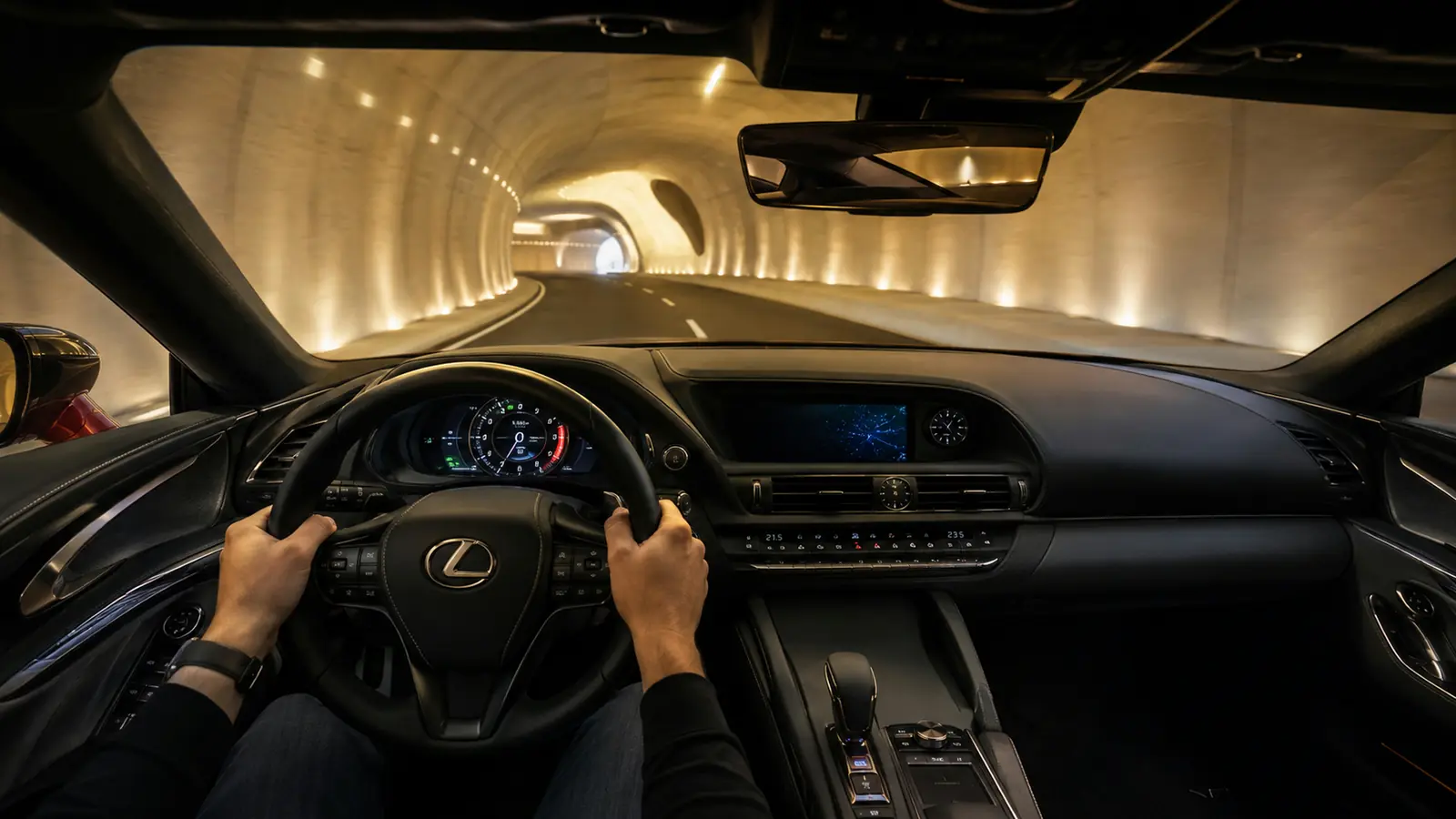 АВТО 1002593 кокпит Lexus LC 500 с руками водителя на красивой дороге