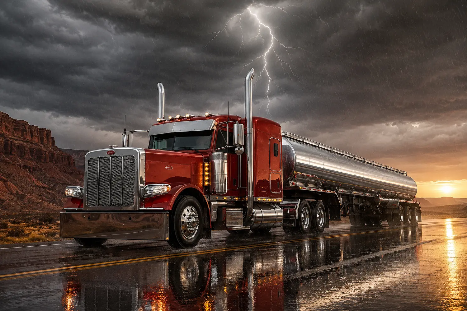 АВТО 1003555 красный Peterbilt 389 с цистерной под грозой