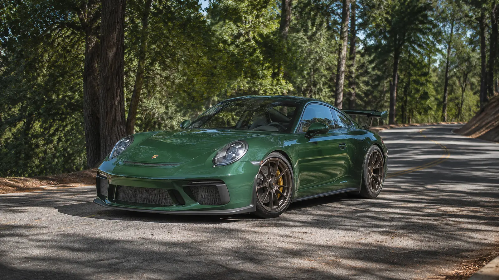 АВТО 1001780 зелёный Porsche 911 GT3 на лесной дороге