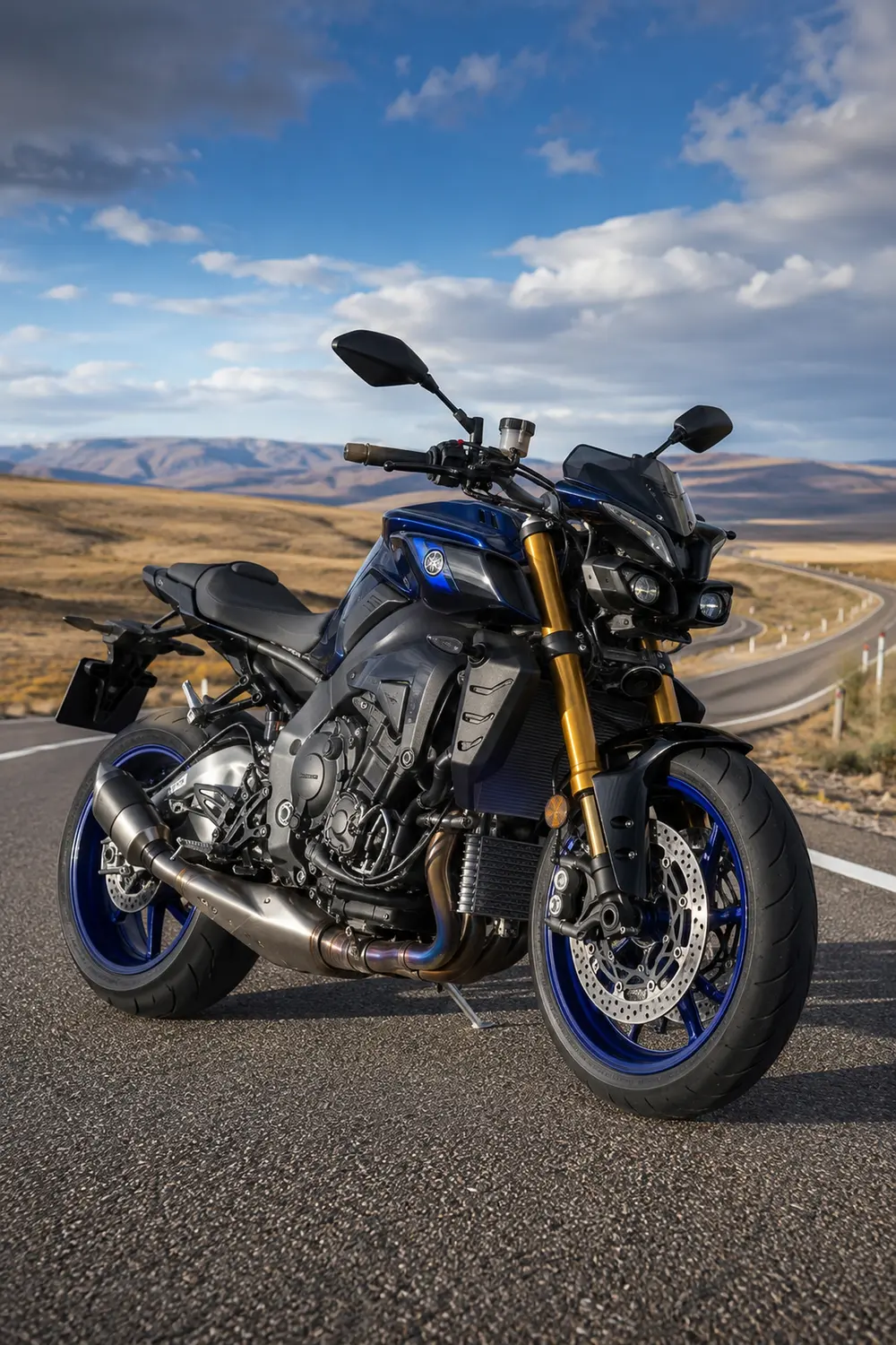 АВТО 1003755 синий Yamaha MT-10 SP на трассе через степь