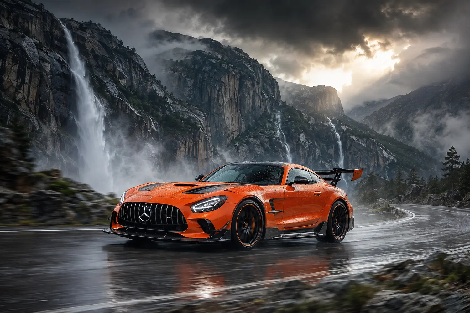 АВТО 1003543 оранжевый Mercedes-AMG GT Black Series у водопадов