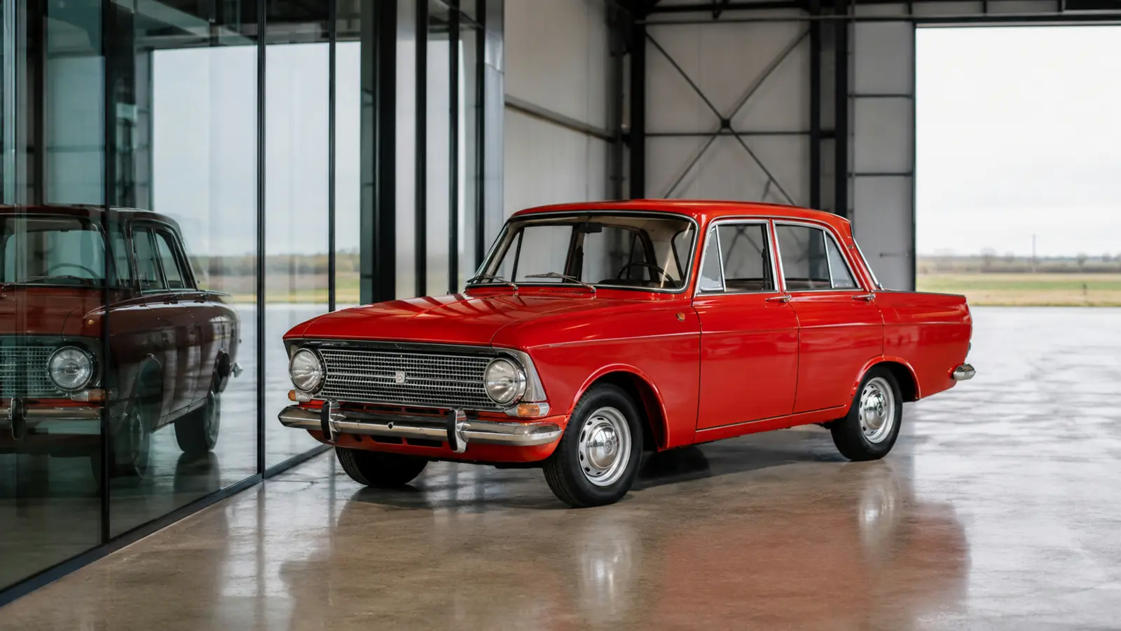 АВТО 1003357 ярко-красный Moskvich 412 faithfully restored крупно отражение в стеклянном фасаде