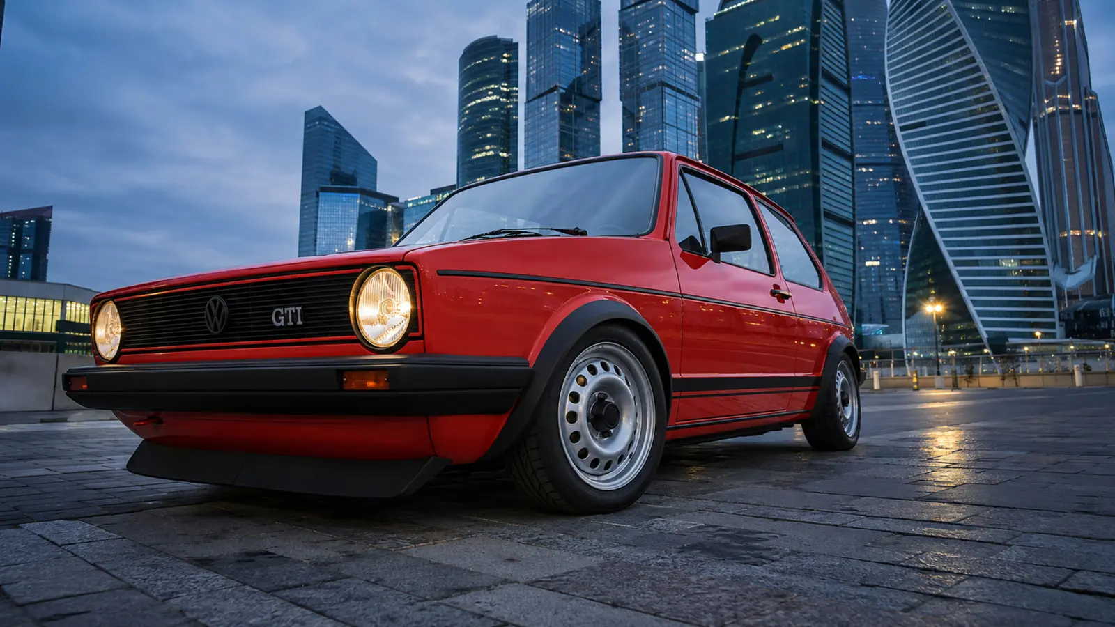 АВТО 1003369 ярко-красный Volkswagen Golf GTI Mk1 крупно с уровня переднего колеса