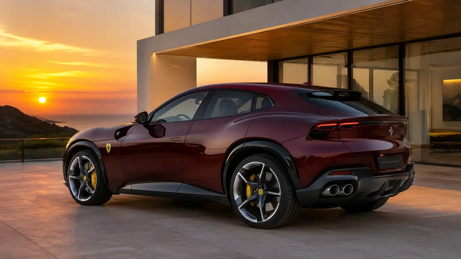 АВТО 1002166 бордовый Ferrari Purosangue крупно у современной виллы