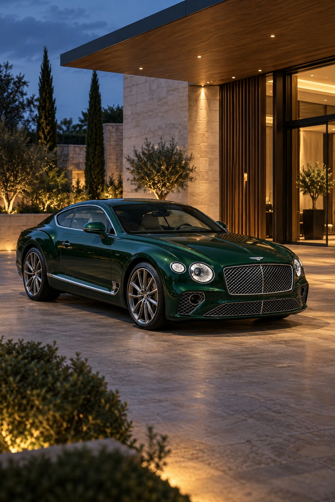 АВТО 1007505 зелёный Bentley Continental GT у современного отеля