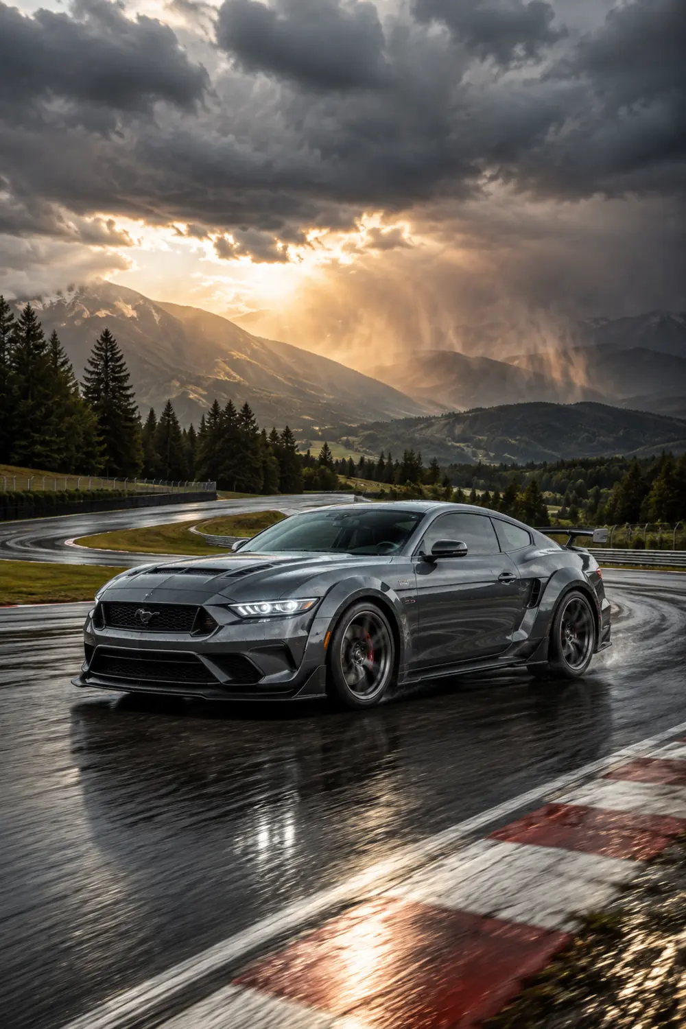 АВТО 1003847 серый Ford Mustang GTD на горной трассе
